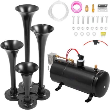 4 Trumpet Train Horn Kit for Car Truck Pickup Semi Jeep RV SUV 12v Complete Onboard System 150psi Air Compressor 1 Gallon Air Tank 4 Trumpets Super Loud dB