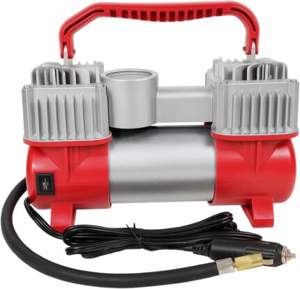 Heavy Duty Dual Cylinder Air Compressor - LED Light, 200 PSI, 85L/Min, 12V Portable Tire Inflator Pump with Battery Clamp & 4 Nozzle Adapters for Car, SUV, Motorcycle, Bicycle